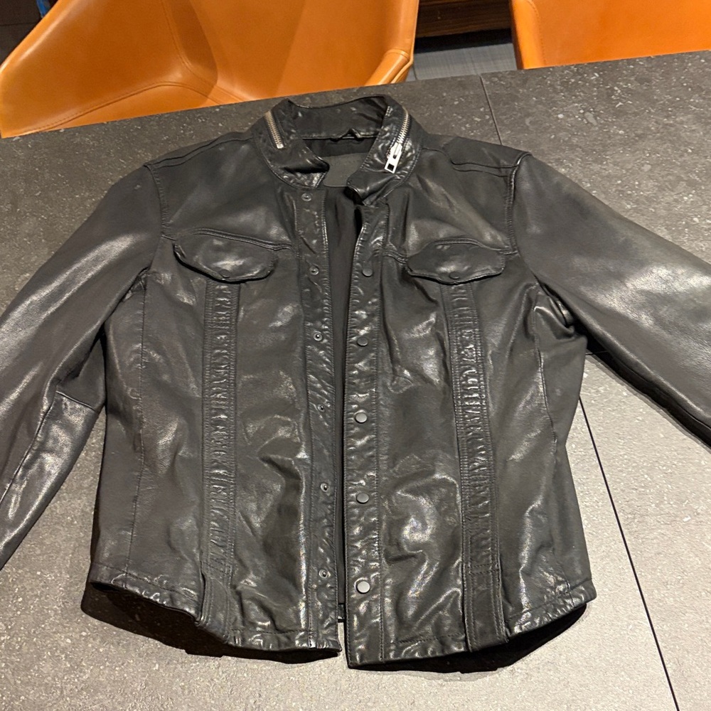 Men's All Saints Black Leather Shirt Jacket XXL